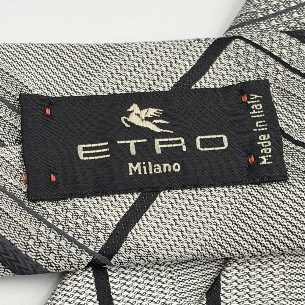 Etro Silk Tie Mens One Size Grey Black Plaid Woven Geometric Made in Italy